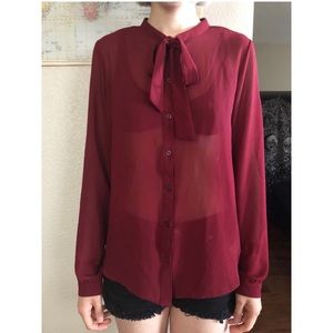 Forever 21 Sheer Burgundy Button-up Blouse